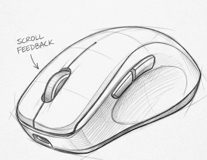 A pencil sketch of a computer mouse, with a note about the scroll